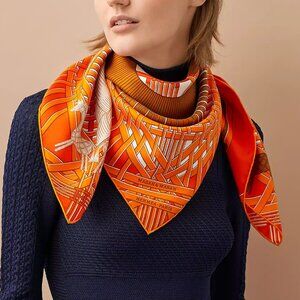Hermes Masan & Masan 90 Orange, Grège & Tabac Silk Scarf